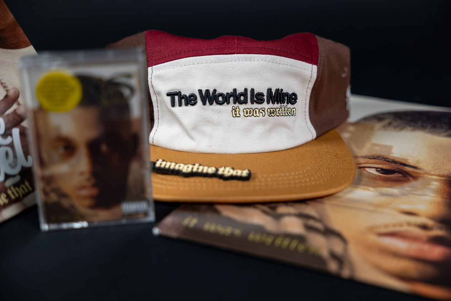 "imagine that" 5ive Panel Hat with cassette and album cover of Nas' "It Was Written", black background