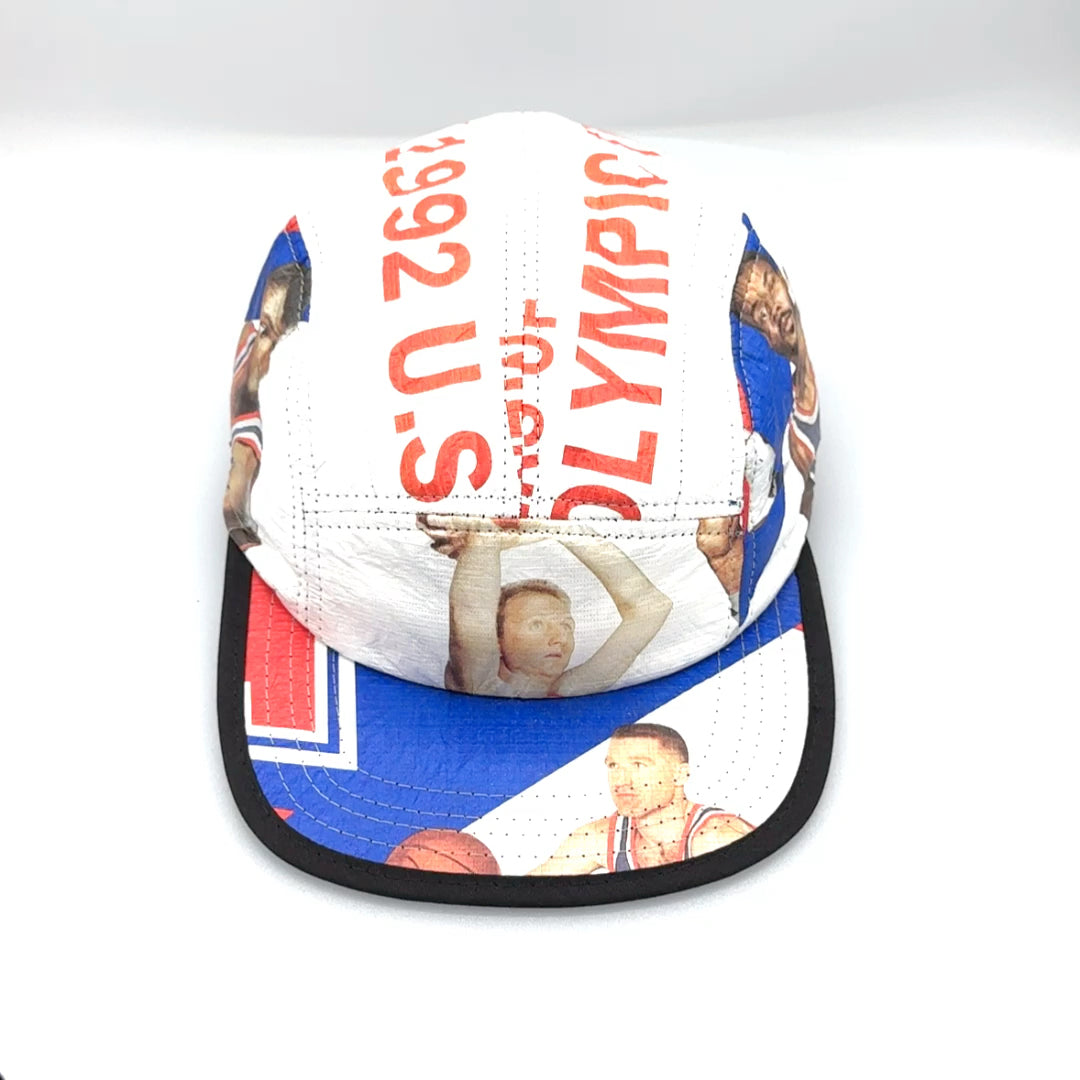 Red, white and blue 1992 Olympic 5 Panel Hat. With Bird, Malone and Mullin on hat panels.