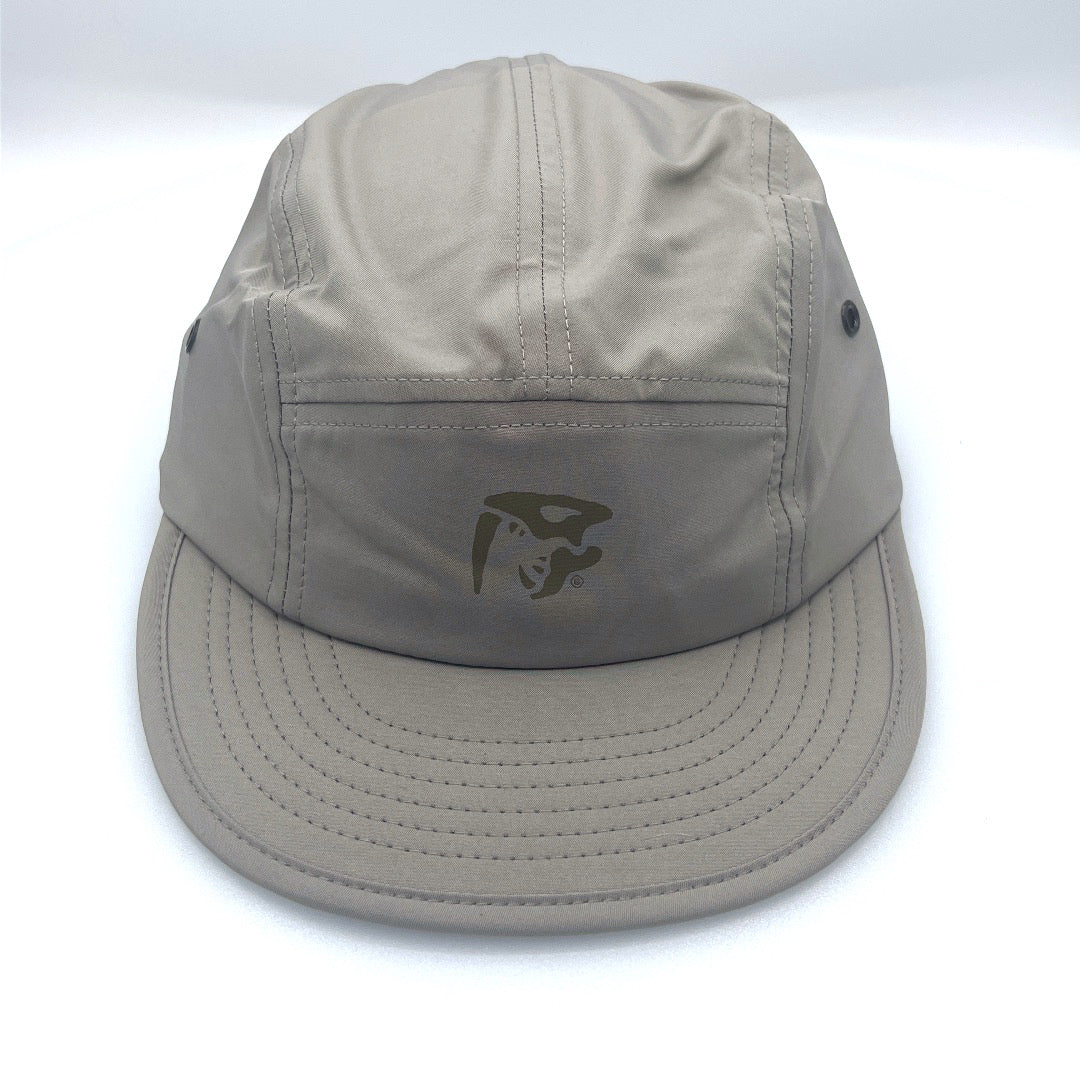 Grey BAIT 5 Panel Hat with gold logo on front panel, white background.