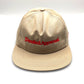Khaki Denied Approval 5 Panel Hat with red logo on the front, white background.