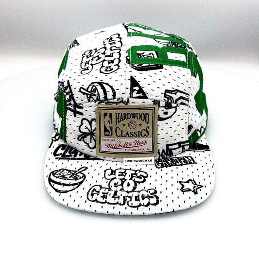 White and green Mitchell & Ness Larry Bird jersey upcycled to a 5-Panel Hat.