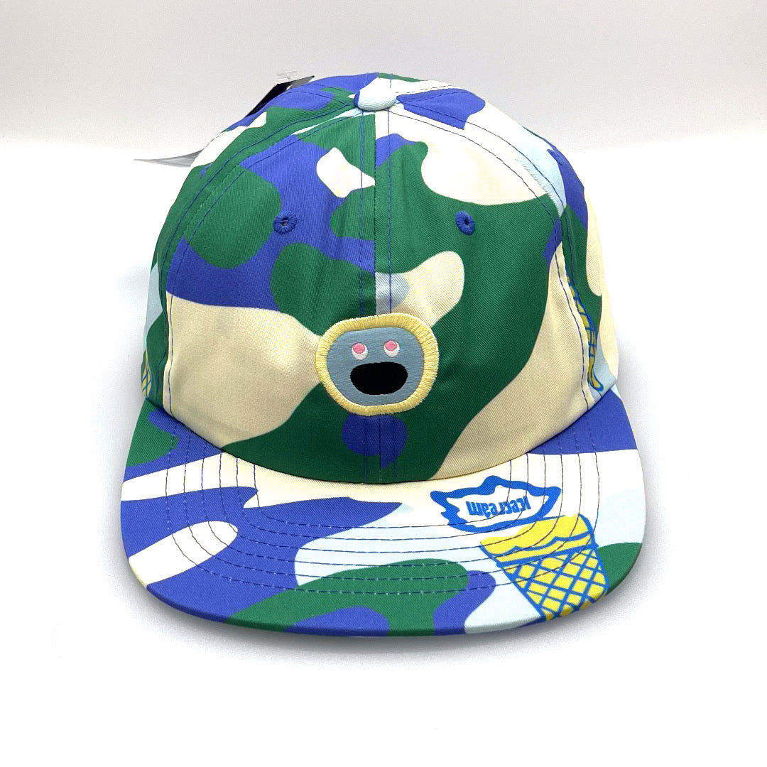 Blue camo IceCream 6-Panel Hat with embroidered logo on the front, white background.