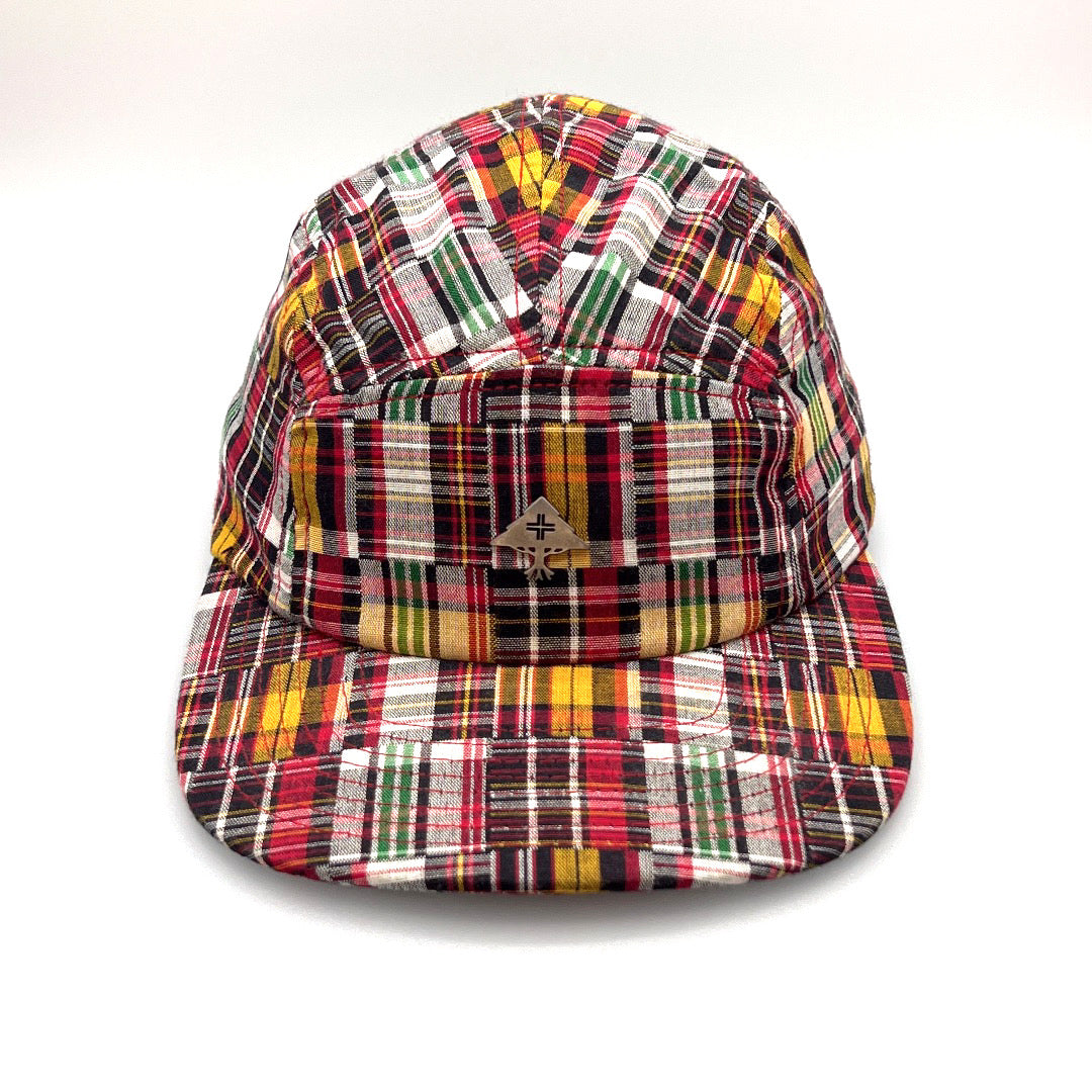 Multi colored plaid LRG 5 Panel Hat, silver metal LRG logo on the front panel, with white background.