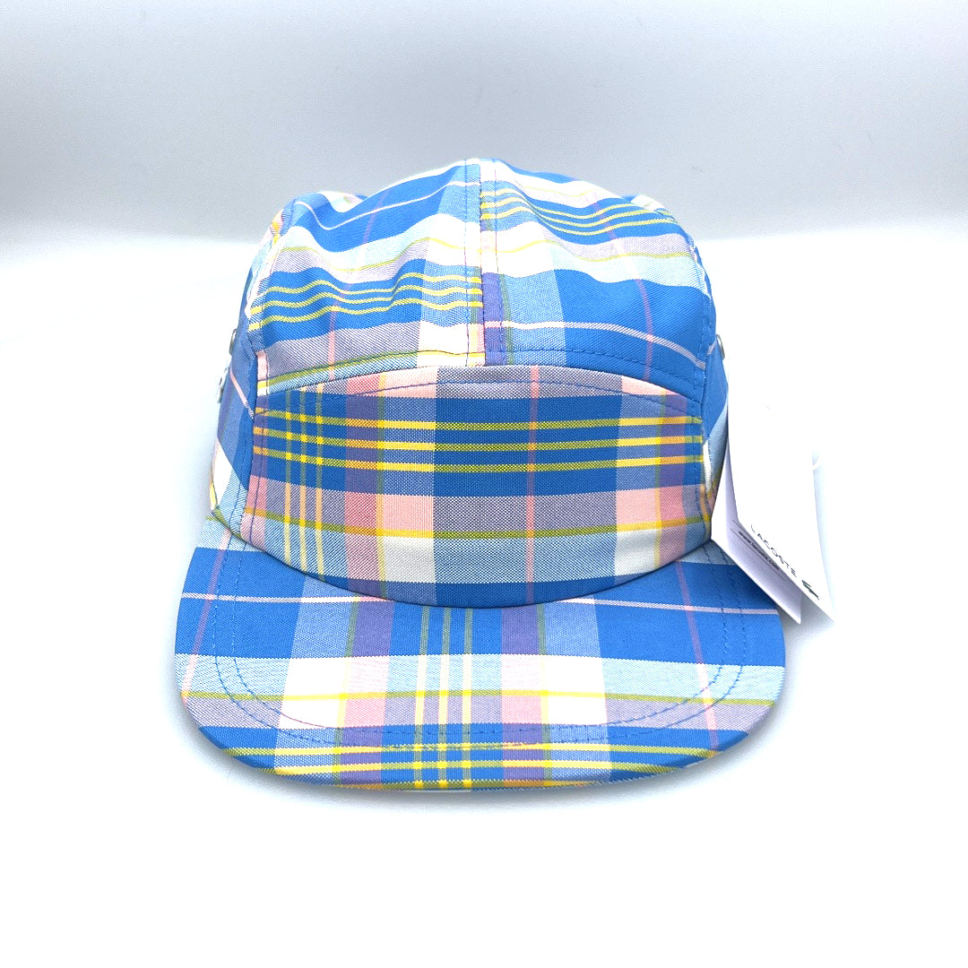 Blue, pink, yellow and white plaid pattern Lacoste 5 Panel Hat, with white background.
