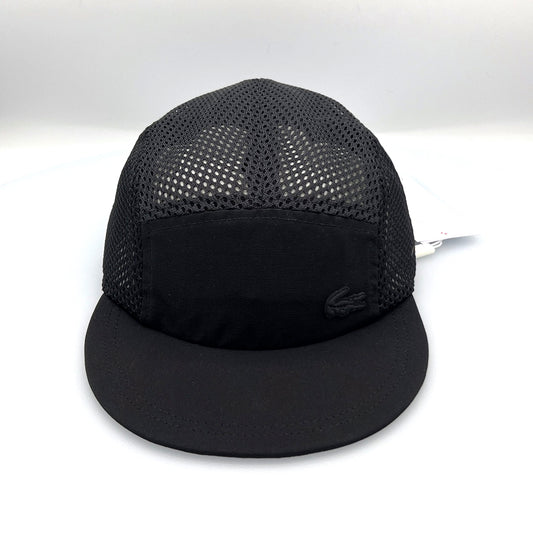 Black Lacoste 5 Panel Hat mesh side and top panels, alligator logo on front panel, with white background.