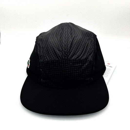 Black Nylon Lacoste 5 Panel, green alligator logo on the side panel, with white background.