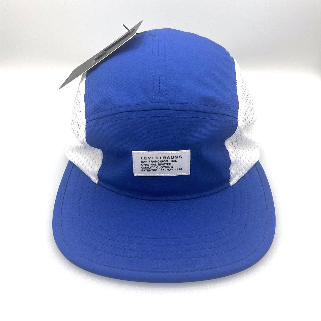 Blue Levi Strauss 5 Panel Hat, white mesh on side panels, with white background.