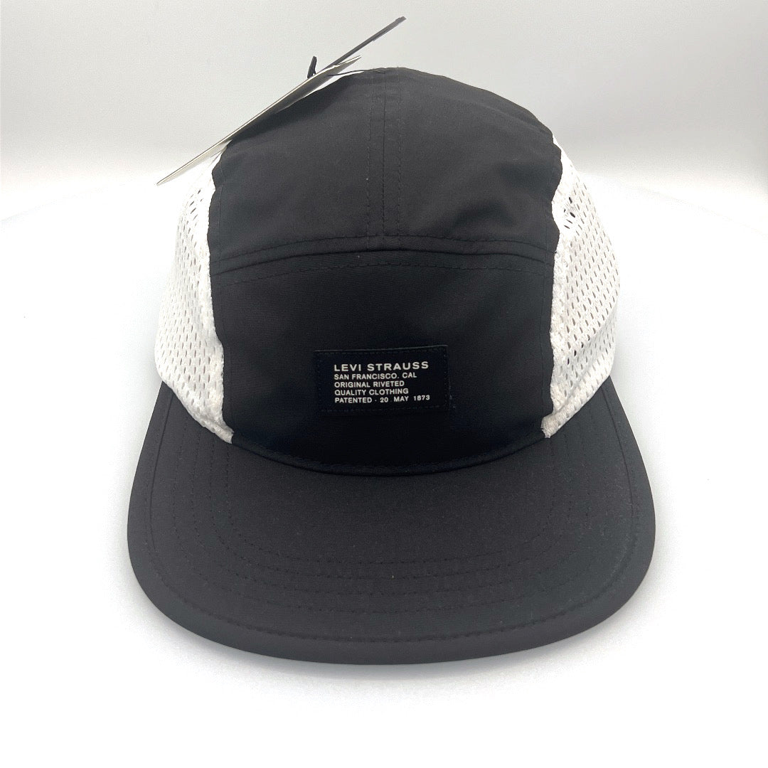 Black Levi Strauss 5 Panel Hat, white mesh on side panels, with white background.