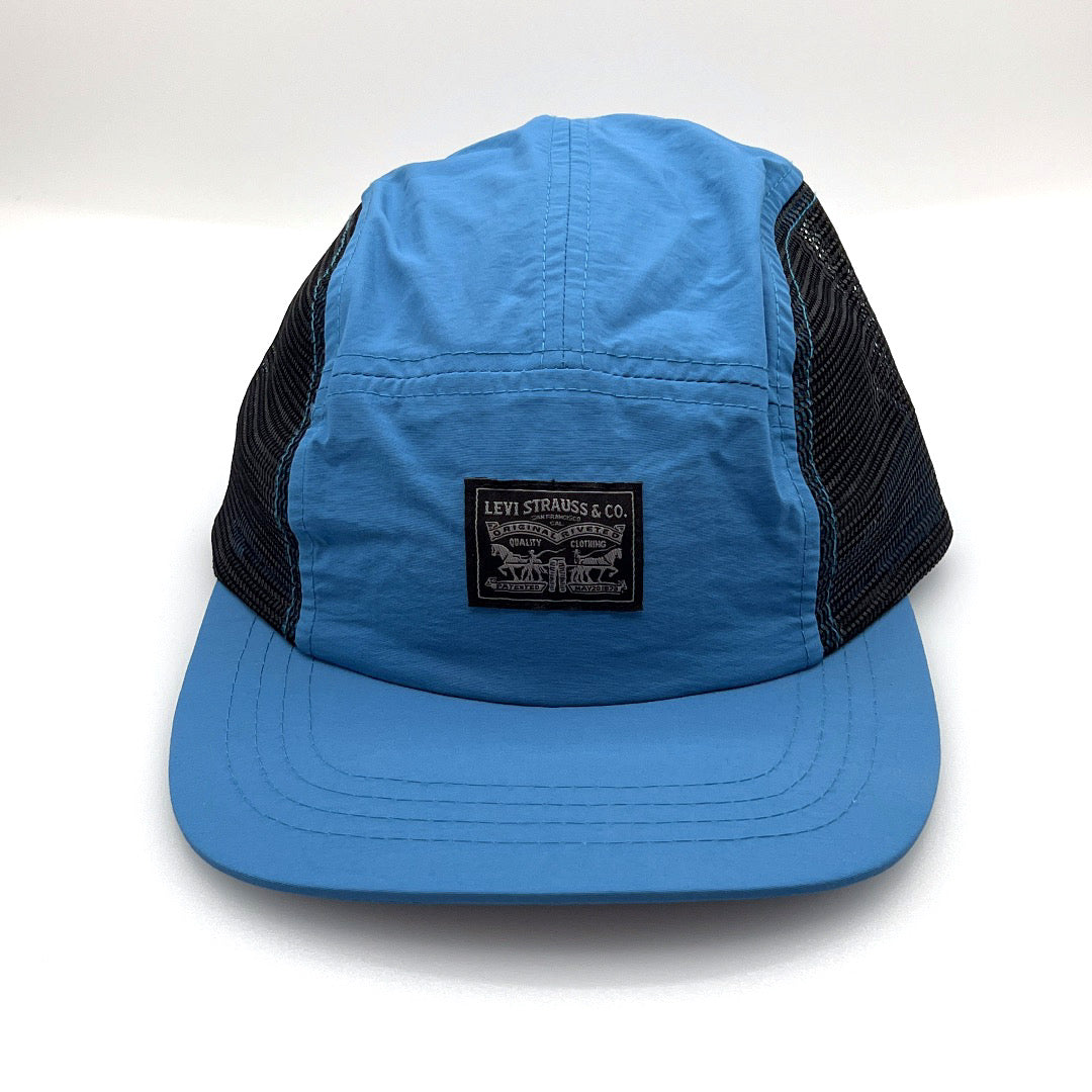 Light Blue Levi Strauss 5 Panel Hat, black mesh on side panels, with white background.