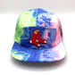 Multi colored tie dye MLB RedSox 5 Panel Hat, red sox logo on front, with white background.