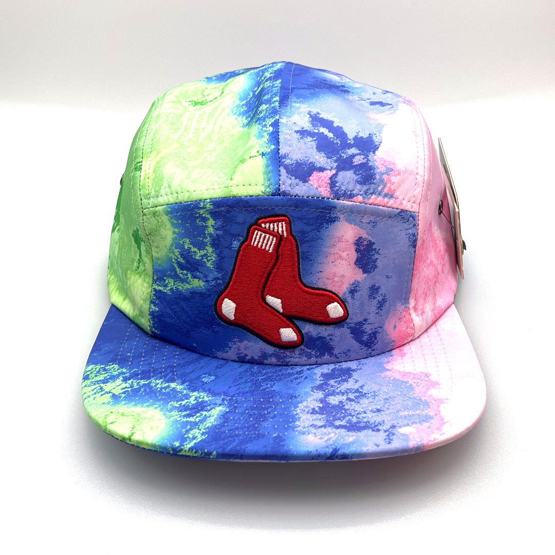 Multi colored tie dye MLB RedSox 5 Panel Hat, red sox logo on front, with white background.