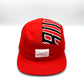Red and white upcycled MJ jersey made into a 5 Panel Hat, BULLS stitched on the top panel, white background.