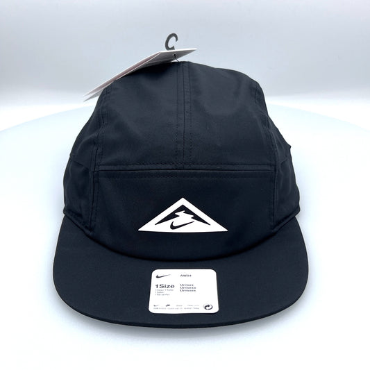 AW84 NIKE Black 5 Panel Hat, white NIKE logo in front, white background.