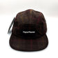 Brown plaid pattern Paper Planes 5 Panel Hat, with a white background.