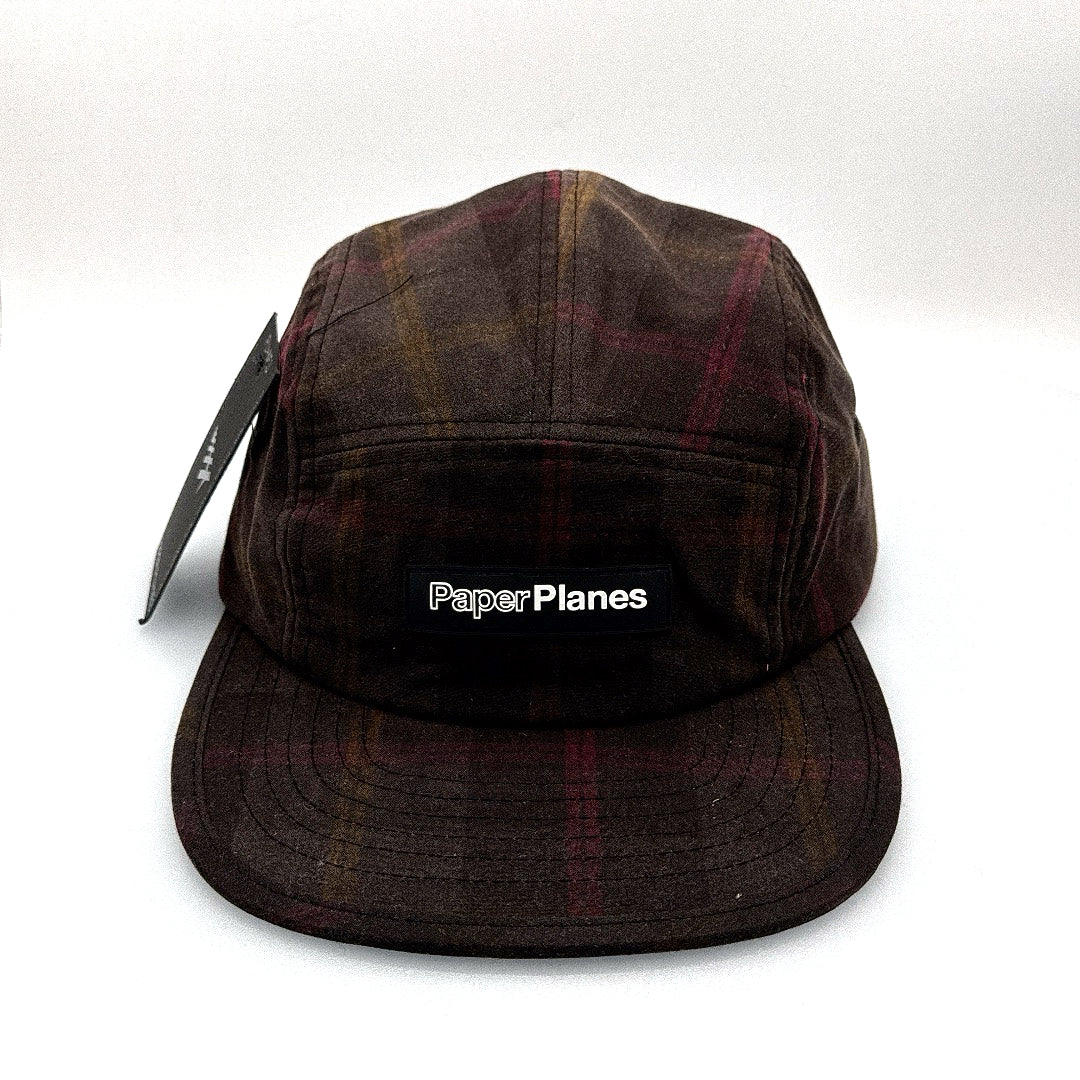 Brown plaid pattern Paper Planes 5 Panel Hat, with a white background.