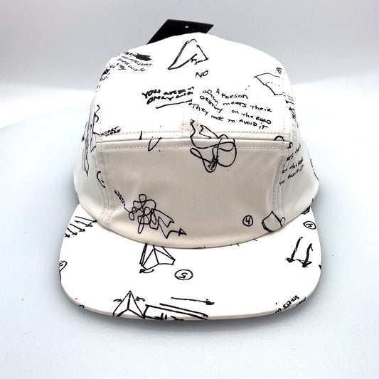 White and black sketch Paper Planes 5 Panel Hat, with a white background.