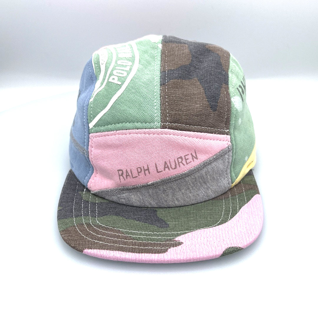 Camo, blue, green and pink patchwork Polo 5 Panel Hat upcycled, Ralph Lauren logo on the front, with a white background.