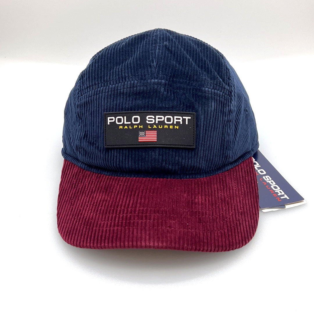 Navy and burgundy corduroy Polo Sport 5 Panel Hat, rubber logo on the front, with a white background.