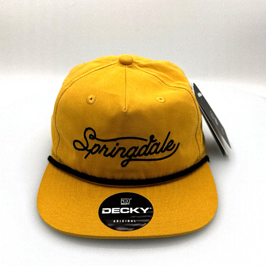 Mustard yellow Springdale Utah 5 Panel Hat, rope on the front, with a white background.