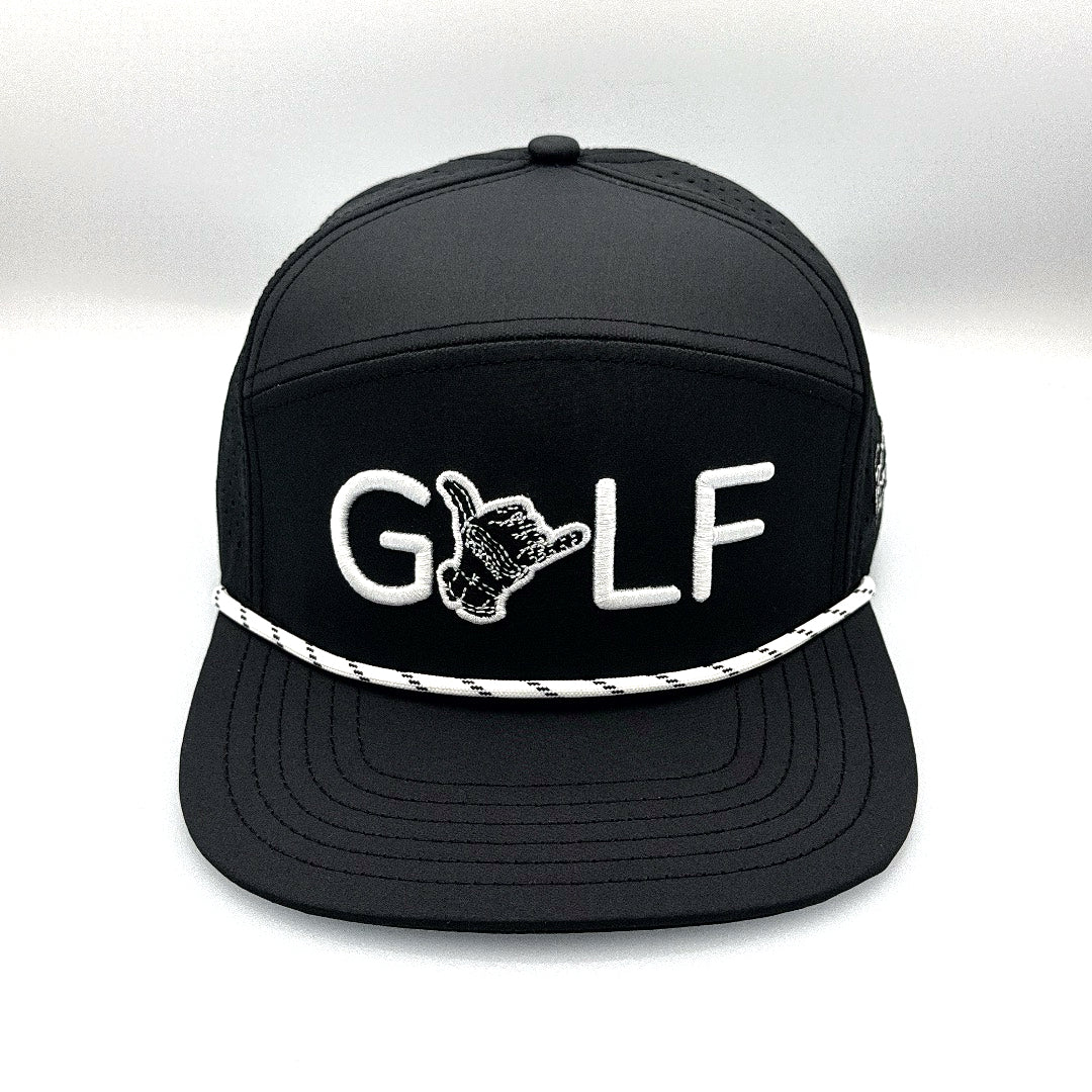 Black and white Sunday Swagger Golf 6 Panel Hat, with a white background.