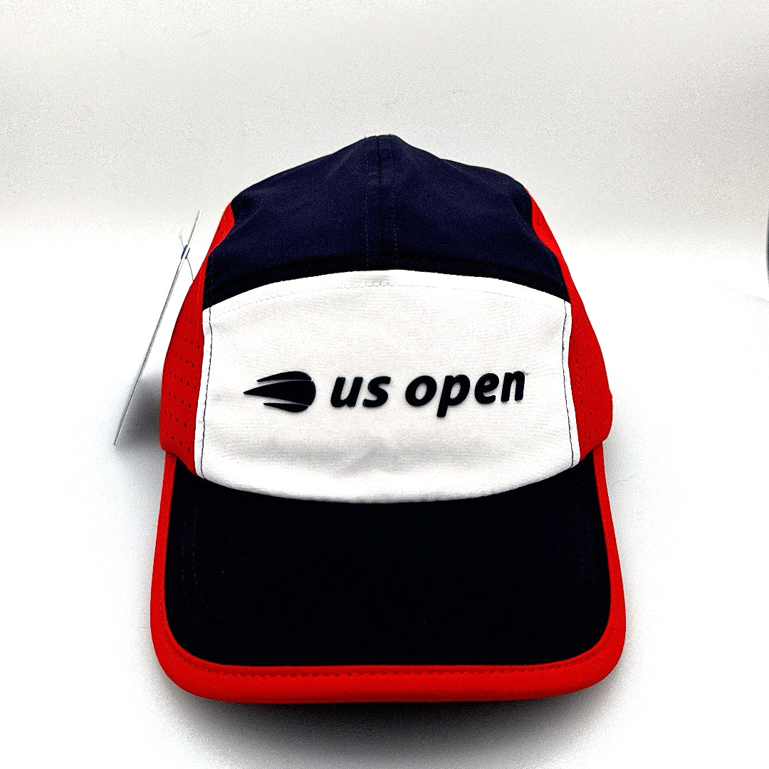 2023 red, white and navy US Open 5 Panel Hat, rubber logo on the front, with a white background.