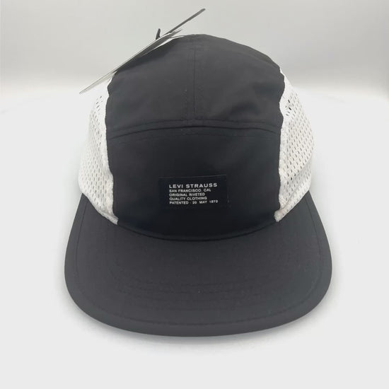Spinning Black Levi Strauss 5 Panel Hat, white mesh on side panels, with white background.