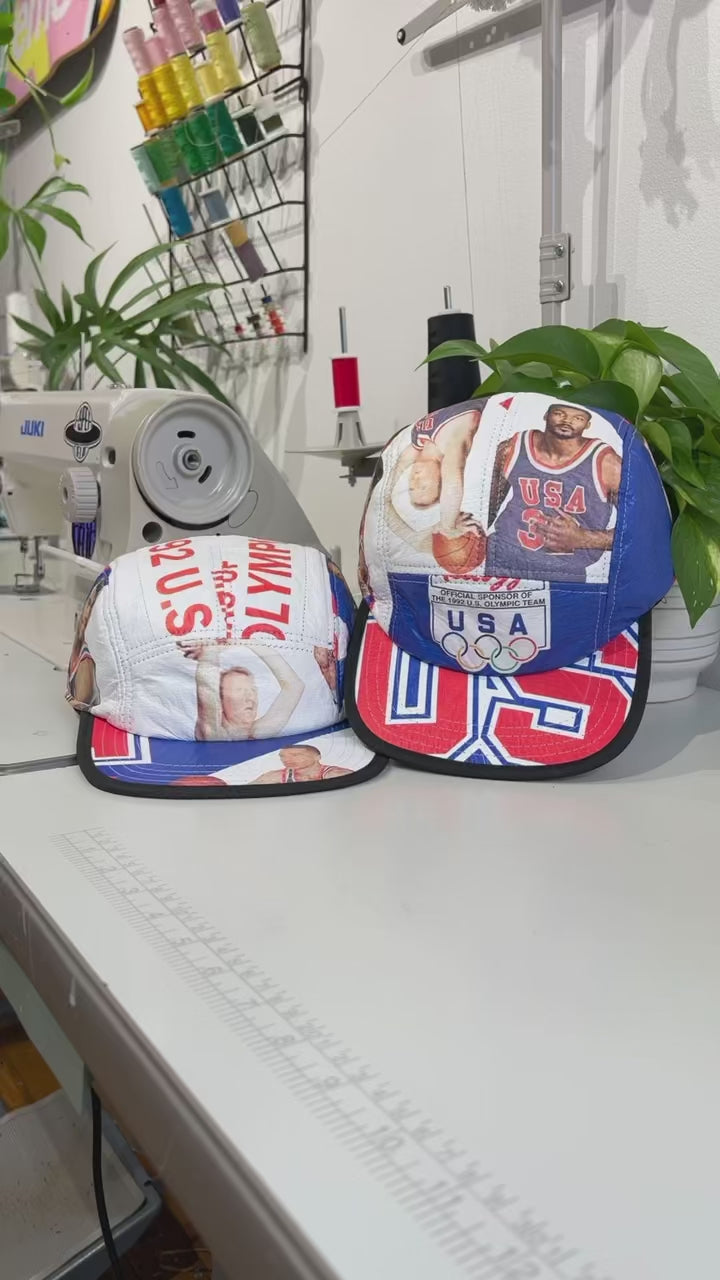 The making of a Red, white and blue 1992 Olympic Kelloggs jacket upcycled into a 5 Panel Hat.