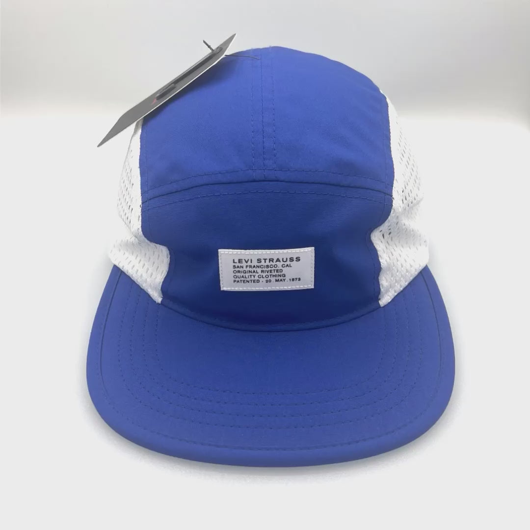 Spinning Blue Levi Strauss 5 Panel Hat, white mesh on side panels, with white background.