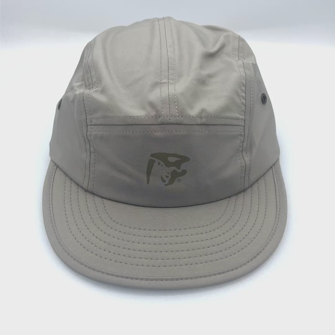 Spinning Grey BAIT 5 Panel Hat with gold logo on front panel, white background.