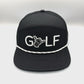 Spinning black and white Sunday Swagger Golf 6 Panel Hat, with a white background.